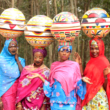 Maryam Booth and Anthonieta Kalunta with support cast as Fulani milkmaids on the set of ‘The Milkmaid’ in the Mambilla Plateau, Taraba State, Nigeria.