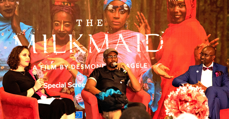 -Director Desmond Ovbiagele with Executive Producer, Dr. Seun Sowemimo, and moderator Liz Grossman during the Q&A session of the special screening of The Milkmaid at the United Nations in New York
