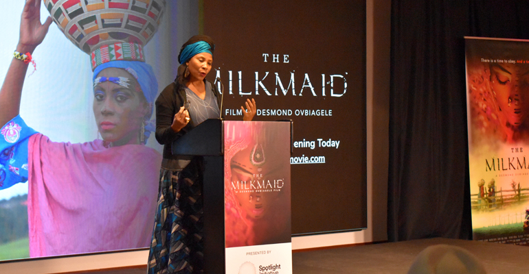 Ahunna Eziakonwa-Onochie, Assistant Secretary General of the UN delivers opening address on behalf of the special guest of honor, Amina Mohammed, Deputy Secretary General, United Nations at a special screening of Desmond Ovbiagele’s The Milkmaid in New York